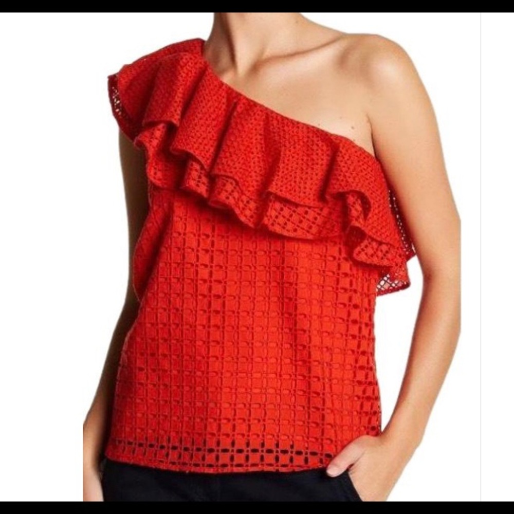 J. Crew Red One-Shoulder Ruffle Eyelet Top